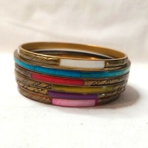 Multi Colored Brass Bracelets Mother of Pearl Inlay BOHO Festival Beach